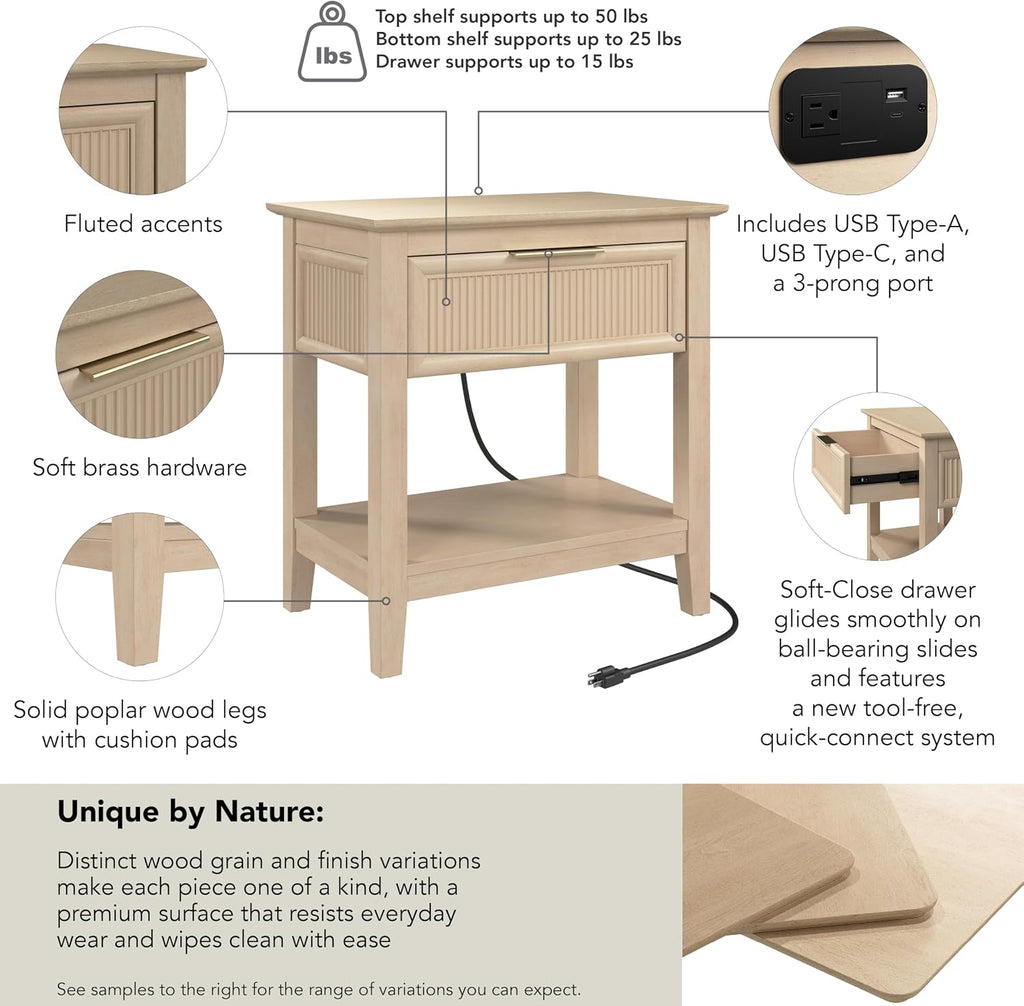 Bush Home Fluted Nightstand with Drawer, Bedroom Furniture, Camille Collection, Natural Birch Beige