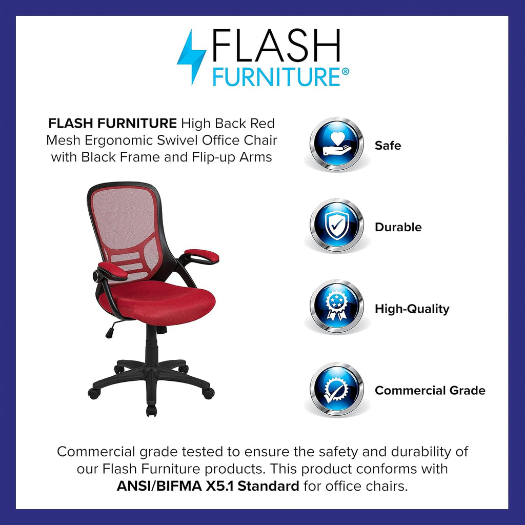 Flash Furniture Porter High Back Mesh Ergonomic Swivel Office Chair with Lumbar Support, Flip-Up Arms, Tilt Lock/Tilt Tension, Height Adjustable, Red/Black Frame