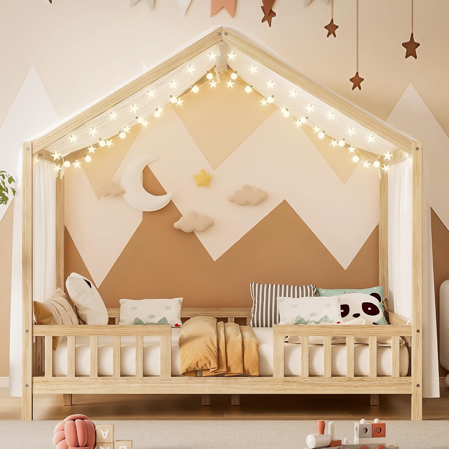 Bellemave Full House BedFrame with Canopy, Montessori Floor Bed, House Bed with Rails for Kids, Natural