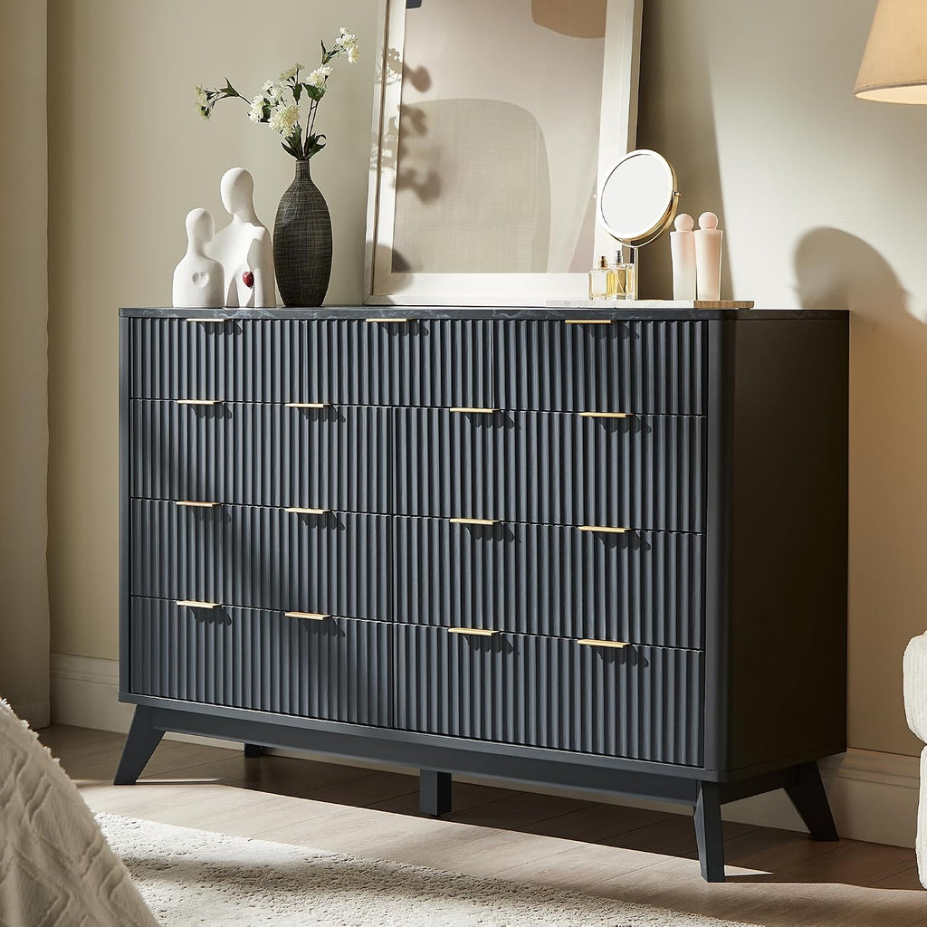 T4TREAM Fluted 9 Drawers Dresser, 54' Wide Modern Chest of Drawers with Faux Marble Top, Curved Profile Design, Dresser TV Stand, Wood Drawer Organizer for Bedroom, Living Room, Hallway, Dark Grey