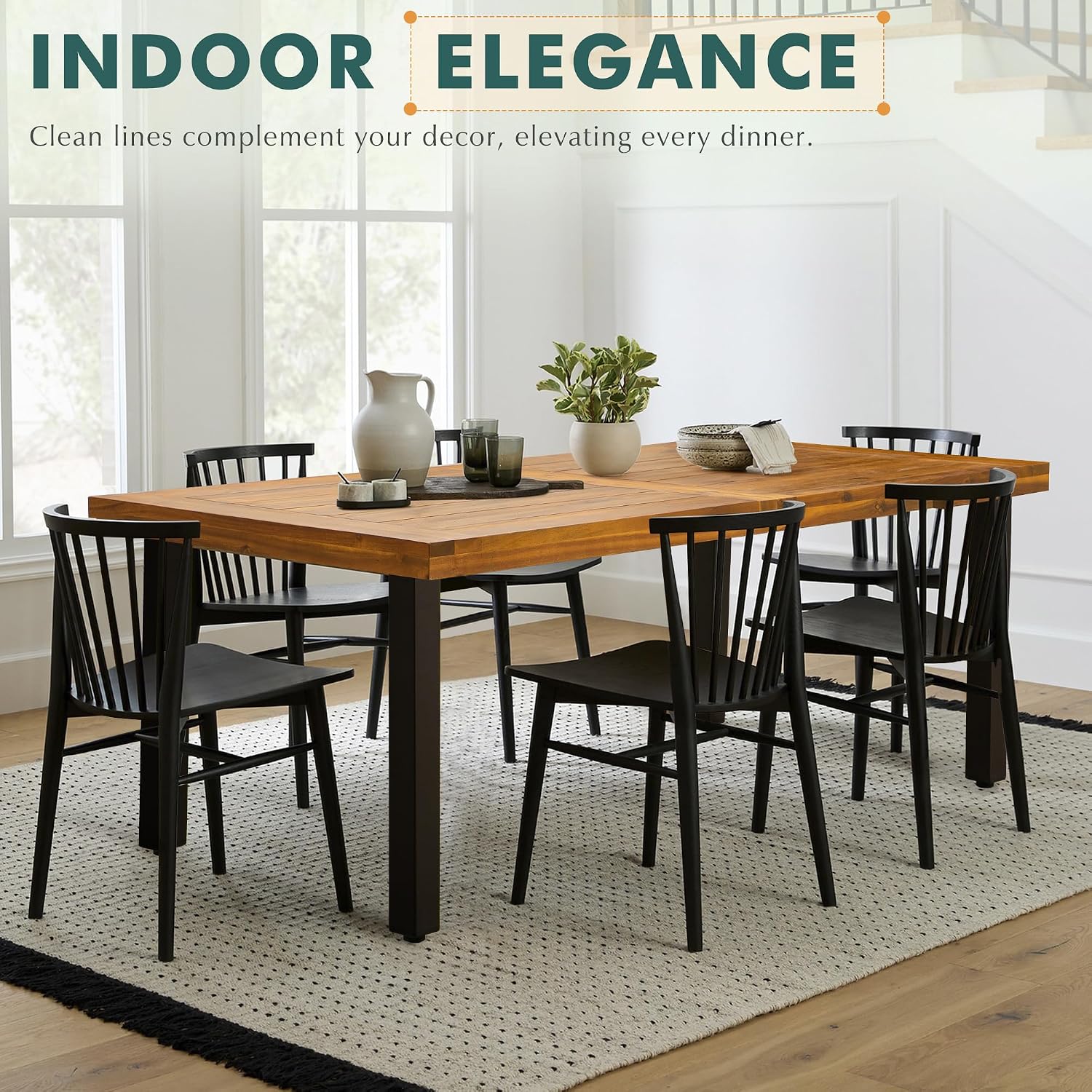 Flamaker Dining Table for 6 Acacia Wood Indoor Outdoor Home Kitchen Table with Iron Legs Large Rectangular Patio Table for Deck, Sunroom