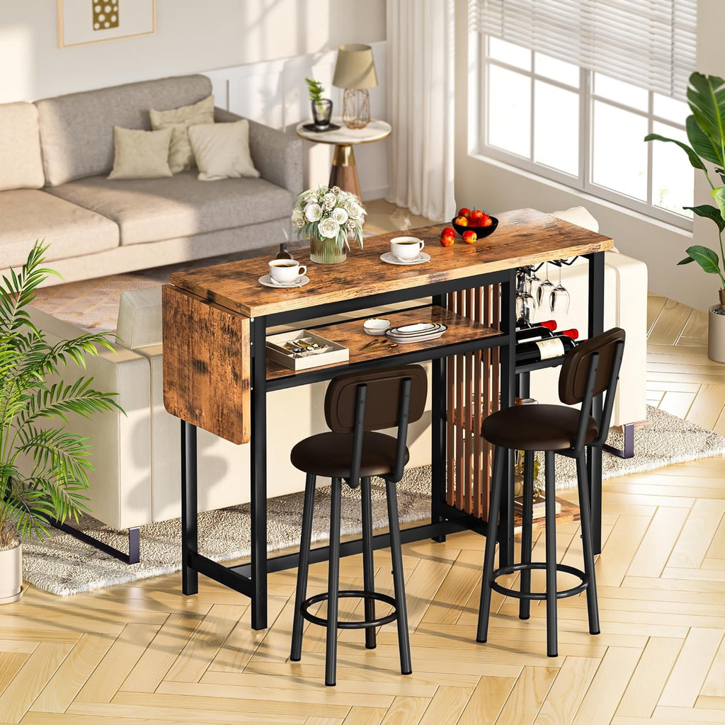 Recaceik Bar Dining Table Set, 59' Expandable Kitchen Counter Height Dining Table Set with Storage Shelves, Cup Holder & Wine Rack, PU Upholstered Stools Bar Table Set with Backrest for Kitchen