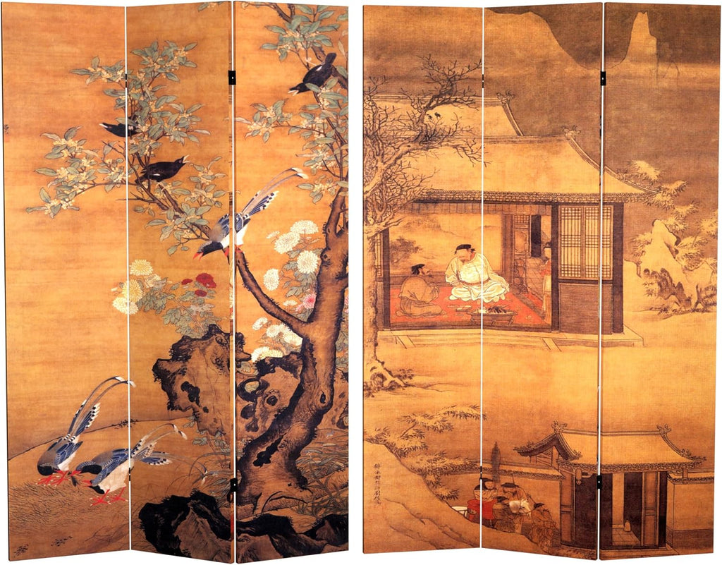 Oriental Furniture 6 ft. Tall Double Sided Chinese Landscapes Canvas Room Divider,Brown