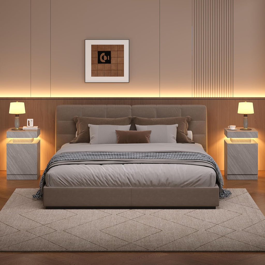Nightstands Set 2, 15 Inches LED Night Stand Set of 2, Modern Bedside Table with LED Lights, High Gloss Surface, End Table with Storage for Bedroom, Grey