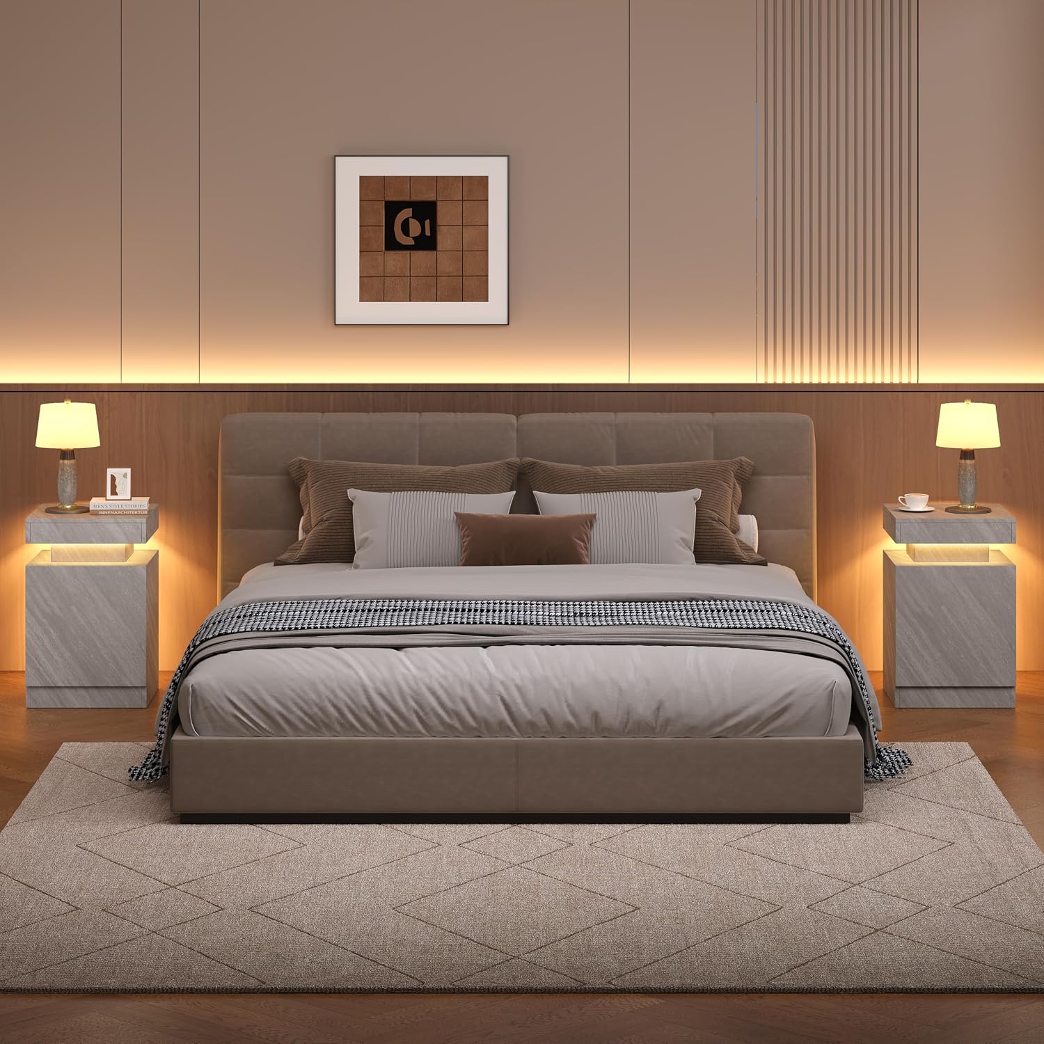 Nightstands Set 2, 15 Inches LED Night Stand Set of 2, Modern Bedside Table with LED Lights, High Gloss Surface, End Table with Storage for Bedroom, Grey