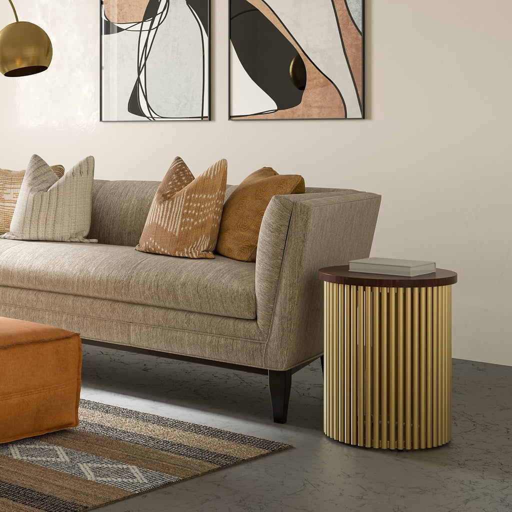 SIMPLIHOME Demy Metal and Wood Accent Table - 18 inch Wide Solid Metal Round End Table in Cognac and Gold, Contemporary Side Table or Coffee Table for Living Room with Compact Design, Assembled