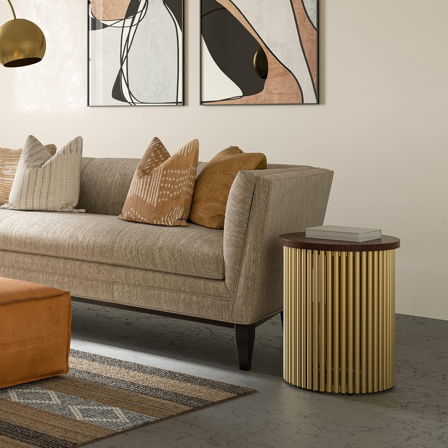 SIMPLIHOME Demy Metal and Wood Accent Table - 18 inch Wide Solid Metal Round End Table in Cognac and Gold, Contemporary Side Table or Coffee Table for Living Room with Compact Design, Assembled