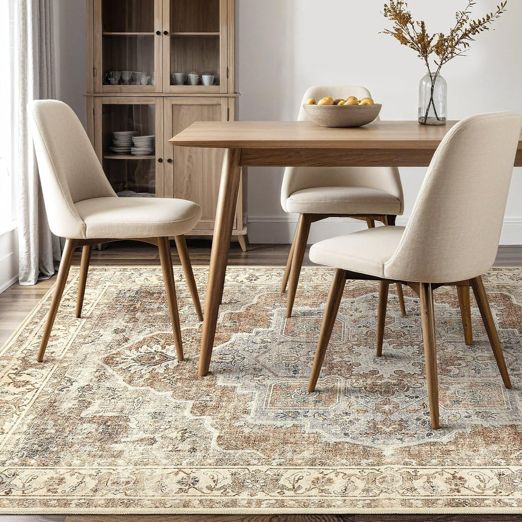 9x12 Washable Area Rug: Vintage Neutral Soft Non Slip Thin Large Floor Carpet for Living Room Bedroom Kitchen Dining Room Home Office Farmhouse Indoor - Grey Brown