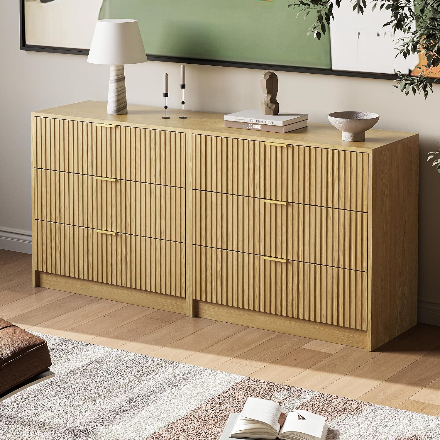 MAISONARIA Fluted Dresser for Bedroom, 32 Inch Wide Nightstand with Large Drawer, 3 Drawer End Table for Bedroom, Living Rooms, Offices, and Entryways, Natural