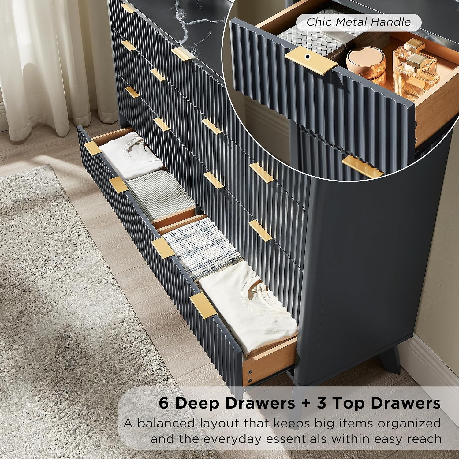 T4TREAM Fluted 9 Drawers Dresser, 54' Wide Modern Chest of Drawers with Faux Marble Top, Curved Profile Design, Dresser TV Stand, Wood Drawer Organizer for Bedroom, Living Room, Hallway, Dark Grey
