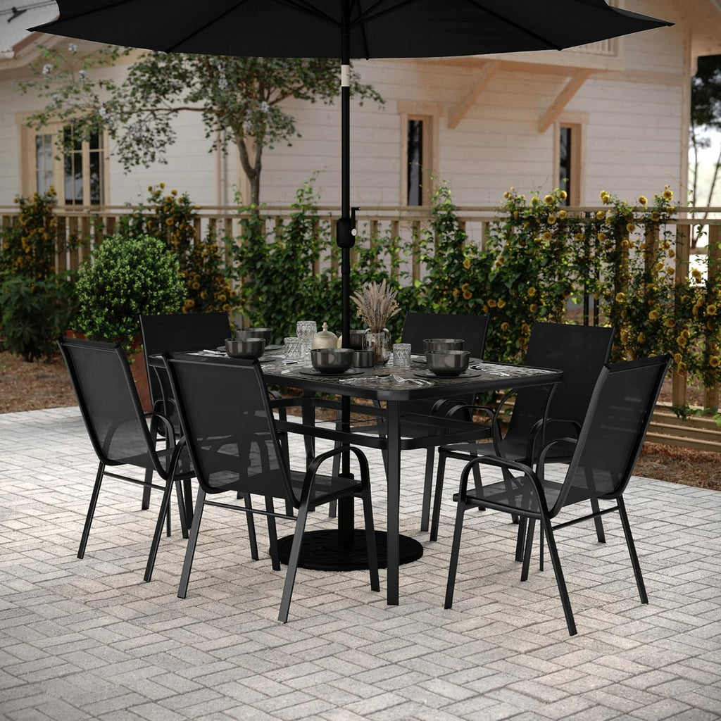 Flash Furniture Brazos Commercial Outdoor Dining Set, 60' Tempered Glass Patio Table with Umbrella Hole, 6 Stack Chairs with Flex Comfort Seats and Backs, Black/Black
