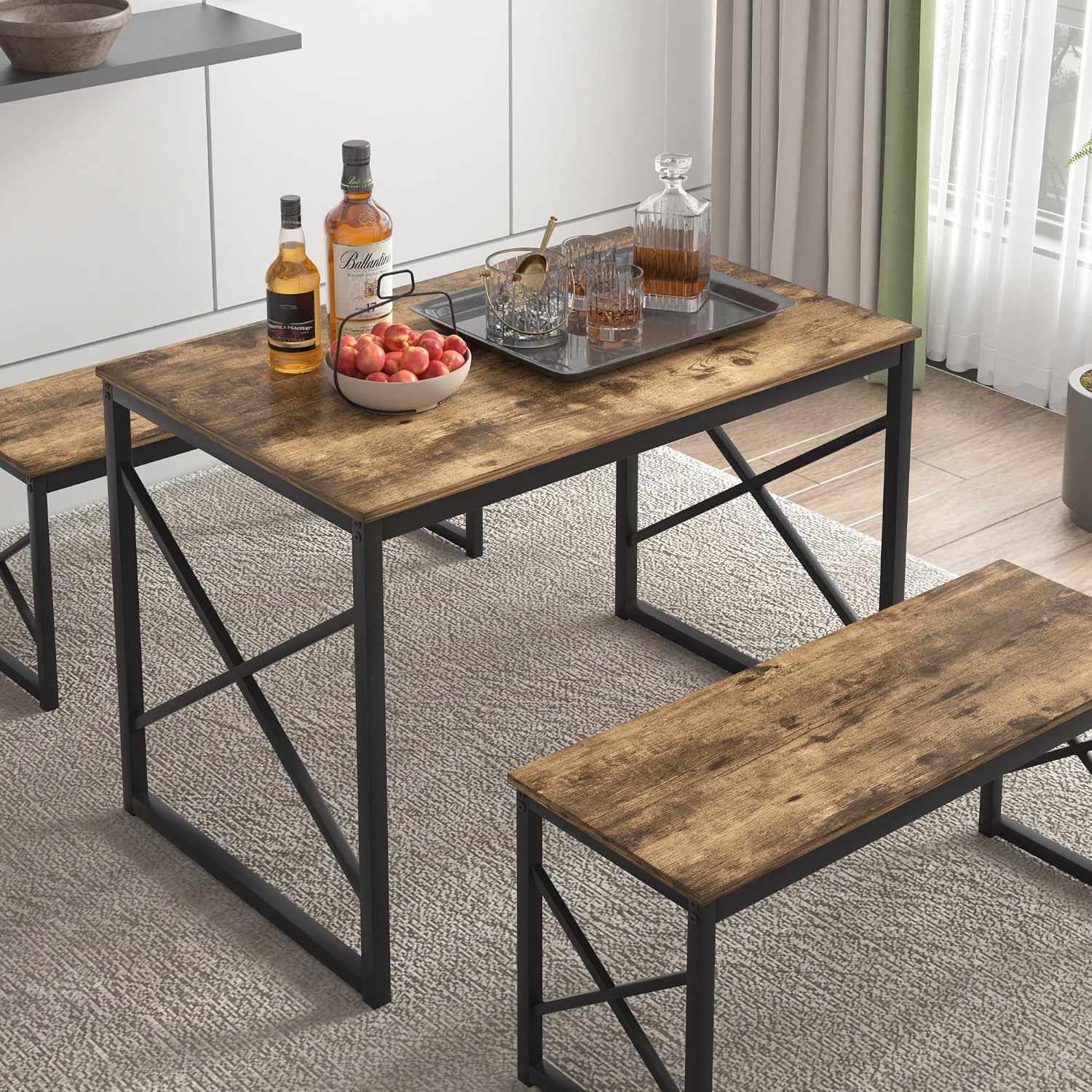 VECELO Kitchen Dining Table Benches Set for 4, 43.3' Wooden Dinette with 2 Benches, Heavy-Duty Dining Room Table for Small Space, Breakfast Nook, Brown