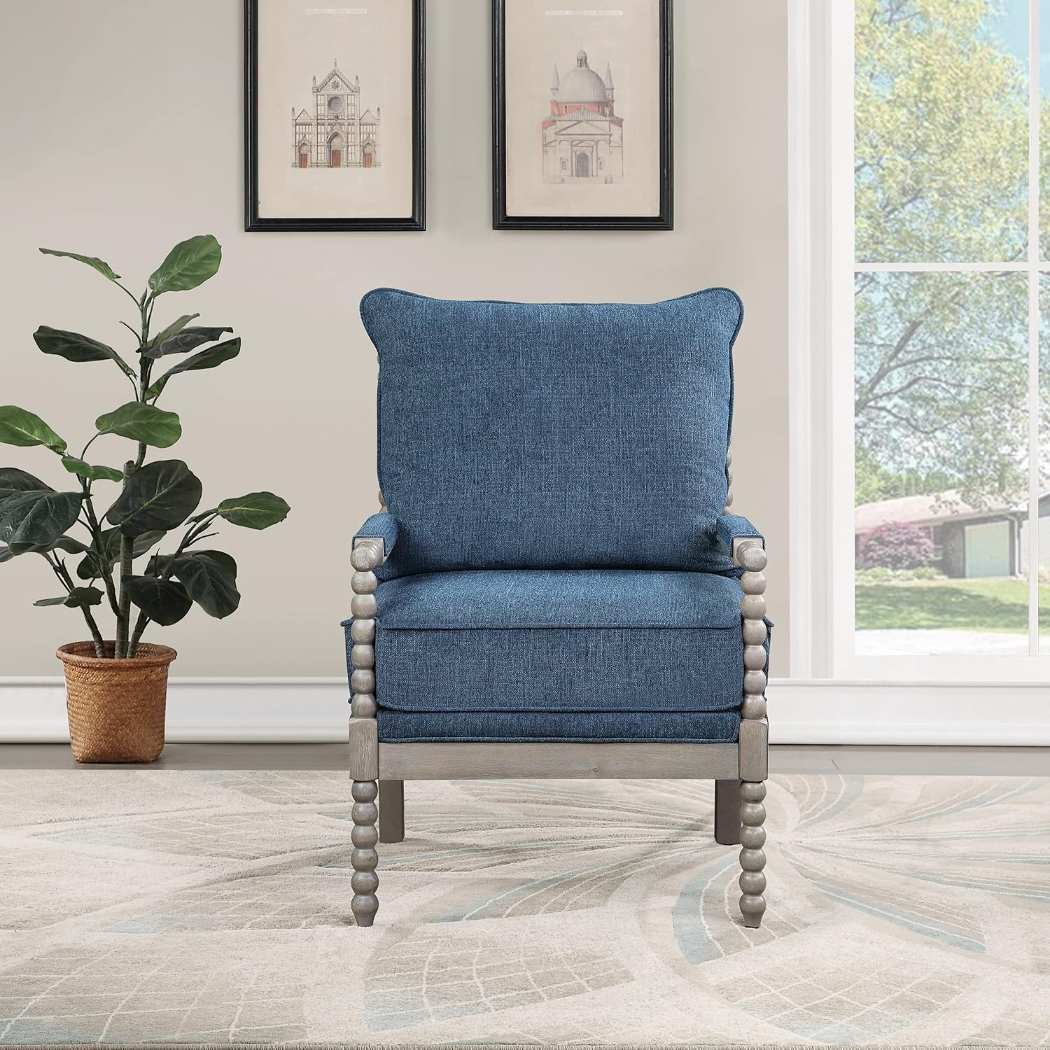 OSP Home Furnishings Abbott Spindle Accent Chair with Padded Spring Seat and Brushed Grey Base, Azure Blue Fabric