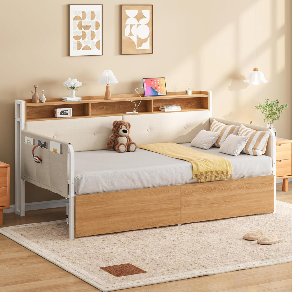 LIKIMIO Twin Daybed with Storage,Upholstered Headboard and Charging Station,White