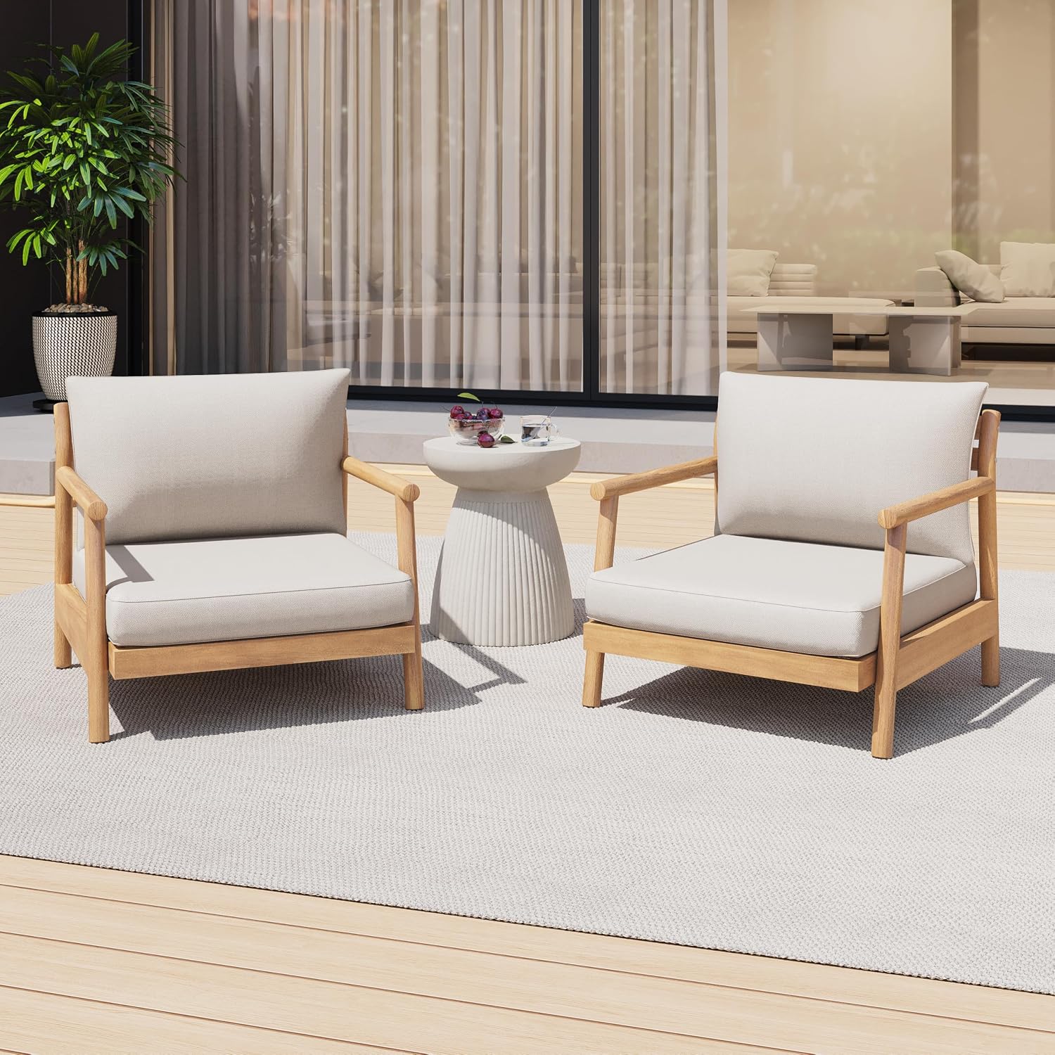 Christopher Knight Home Jorine Outdoor Club Chairs Set of 2, Acacia Wood Accent Chair, Wooden Armchair with Cushions, Open Back Comfy Seating Louge Single Sofa for Backyard Garden Balcony, Teak+Beige
