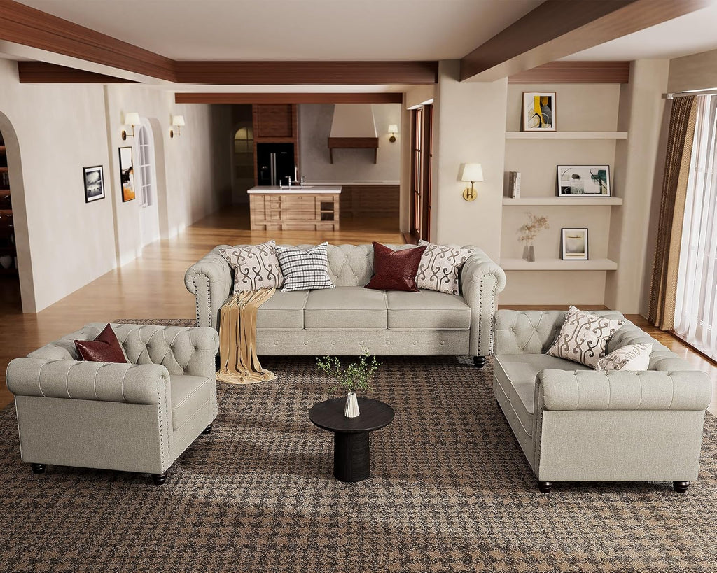 Morden Fort 2 Piece Classic Chesterfield 5-Seater Set, Tufted Loveseat & Sofa Furniture Solid Wood Legs Thick Cushion, Pet-Friendly Couch Set for Living Room Bedroom Apartment, Linen Beige