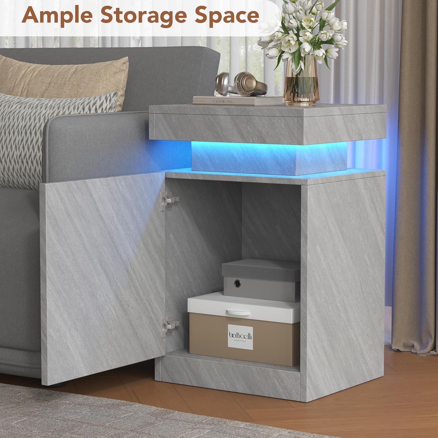 Nightstands Set 2, 17 Inches Modern Bedside Table with LED Lights, LED Night Stand Set of 2, High Gloss Surface, End Table with Storage for Bedroom, Grey