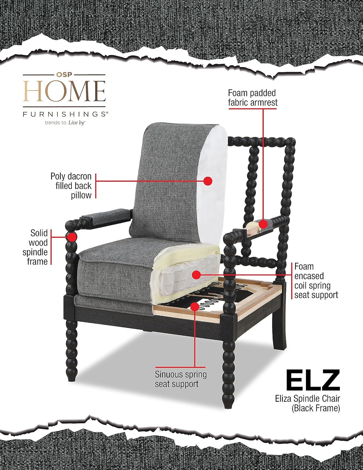 OSP Home Furnishings Eliza Spindle Accent Chair, Linen Fabric with Black Wood