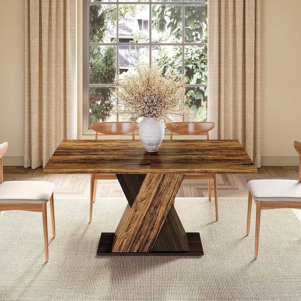 LITTLE TREE 55-Inch Dining Table for 6, Wooden Rectangle Kitchen Table, Large Dining Room Tables, Industrial Dinner Table with Heavy Duty Pedestal, Rustic Brown