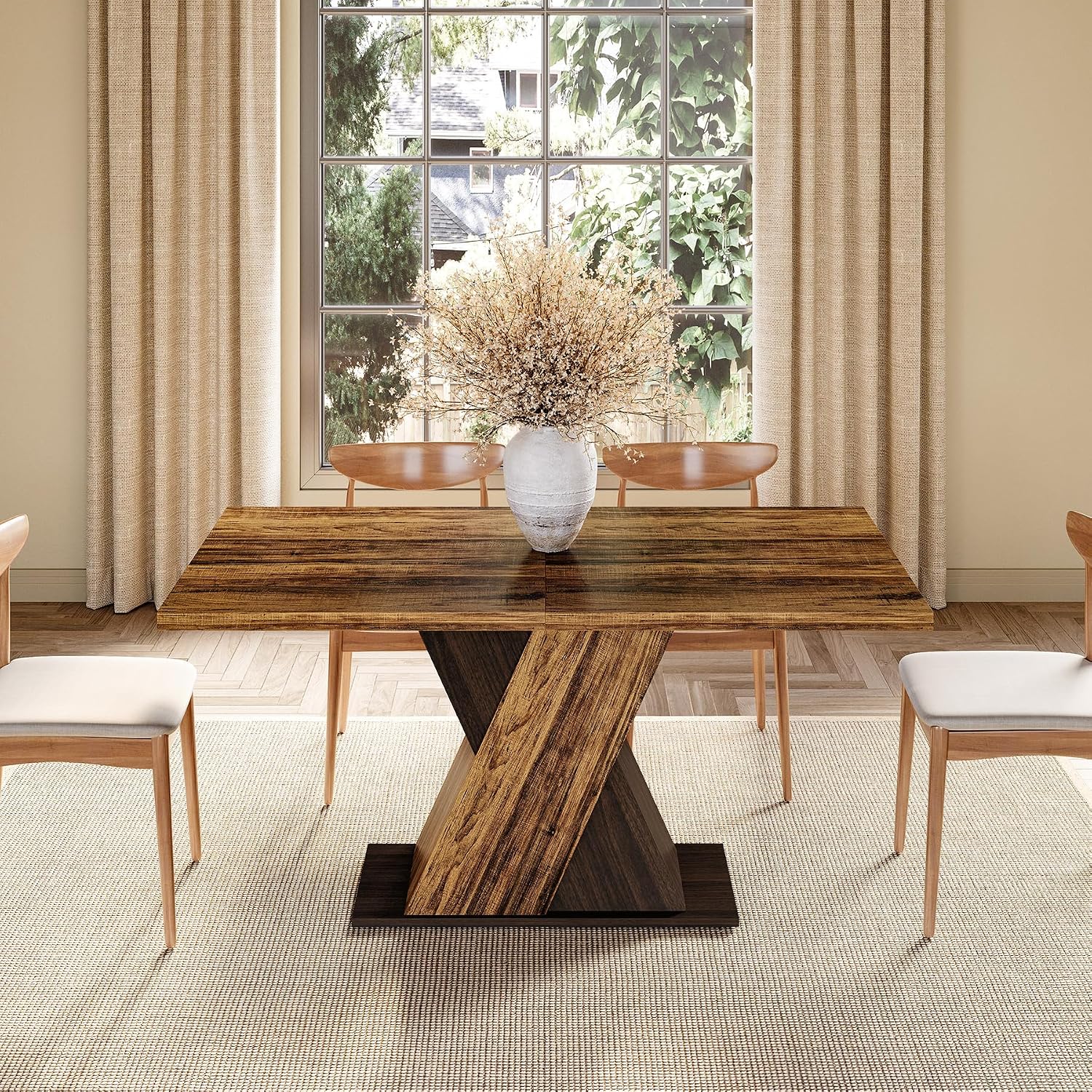 LITTLE TREE 55-Inch Dining Table for 6, Wooden Rectangle Kitchen Table, Large Dining Room Tables, Industrial Dinner Table with Heavy Duty Pedestal, Rustic Brown