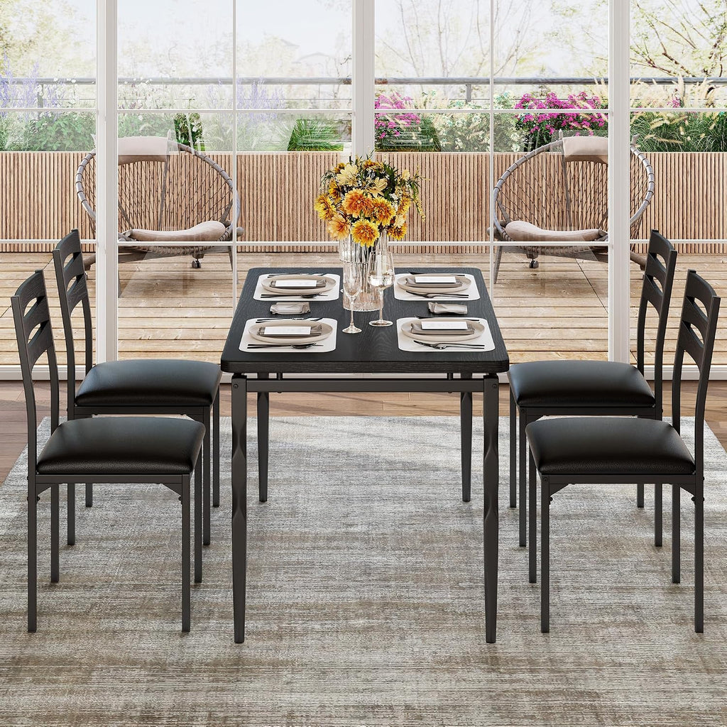 GarveeHome 5 Piece Dining Table Set, Industrial Style Dining Table and Chairs Set for 4, Kitchen Table Set for Dining Room Kitchen Apartment, Black