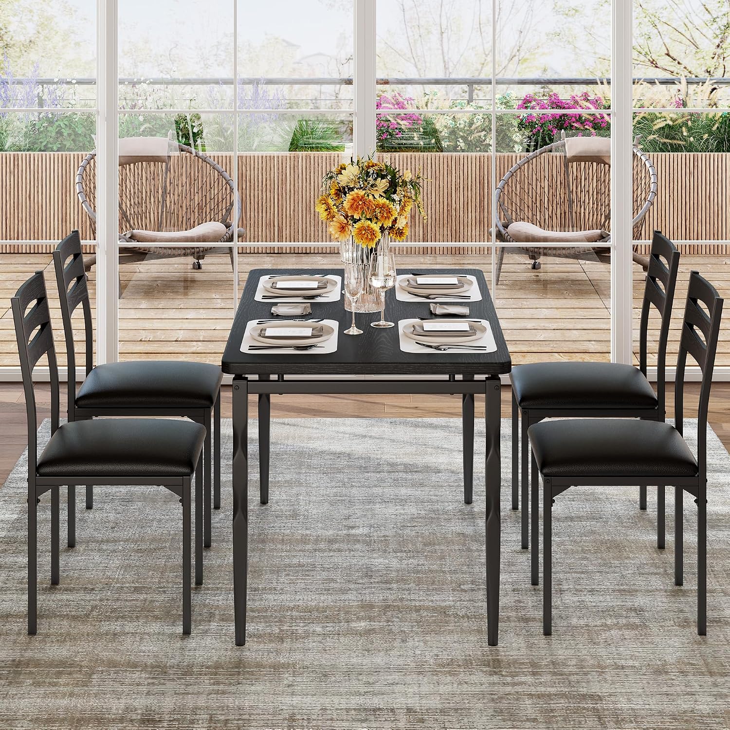 GarveeHome 5 Piece Dining Table Set, Industrial Style Dining Table and Chairs Set for 4, Kitchen Table Set for Dining Room Kitchen Apartment, Black