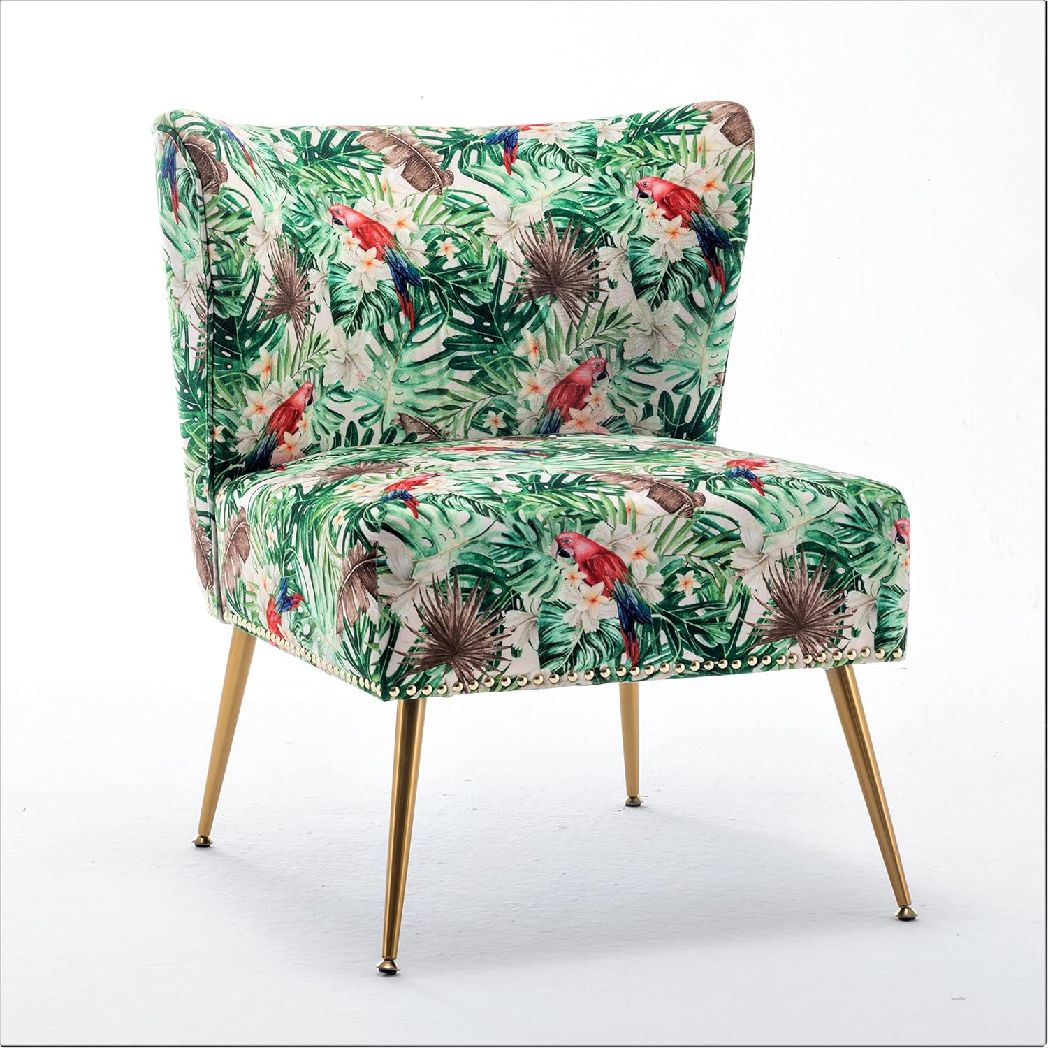 Container Furniture Direct Thia Armless Accent Chair for Living Room, Elegant Seat with Nailhead Trim, Gold Metal Legs and Comfortable Curved Back, 28' D x 25' W x 29.5' H, 06 Floral Print