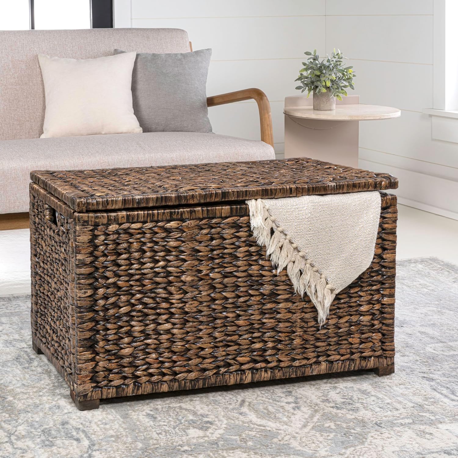 happimess HPM9005B Anada 30' Handwoven Wicker Weave Storage Trunk, Brown Wash, Collapsible for flat storage, for Office, Dorm Room, Entryway, Bedroom, Dining Room