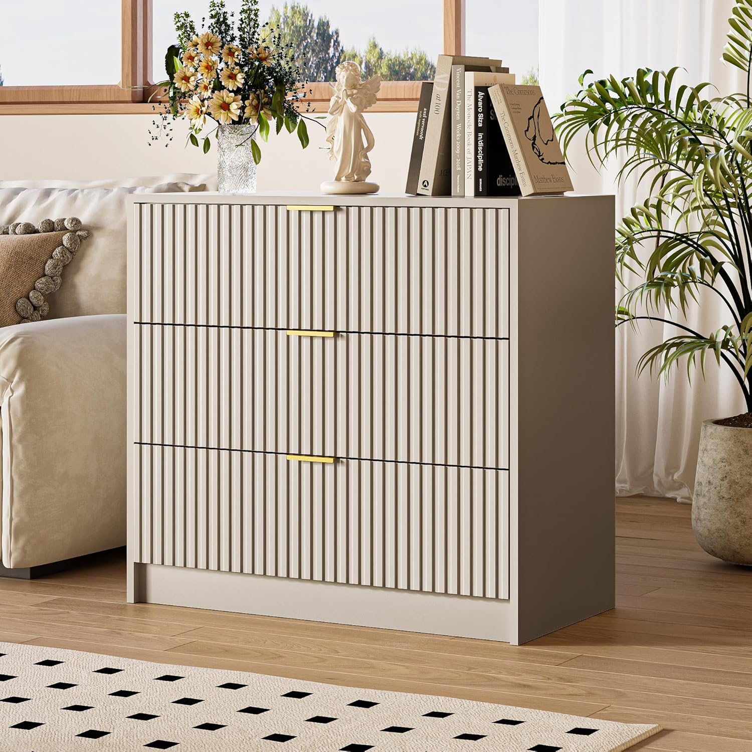 MAISONARIA Fluted Dresser for Bedroom, 32 Inch Wide Nightstand with Large Drawer, 3 Drawer End Table for Bedroom, Living Rooms, Offices, and Entryways, Beige