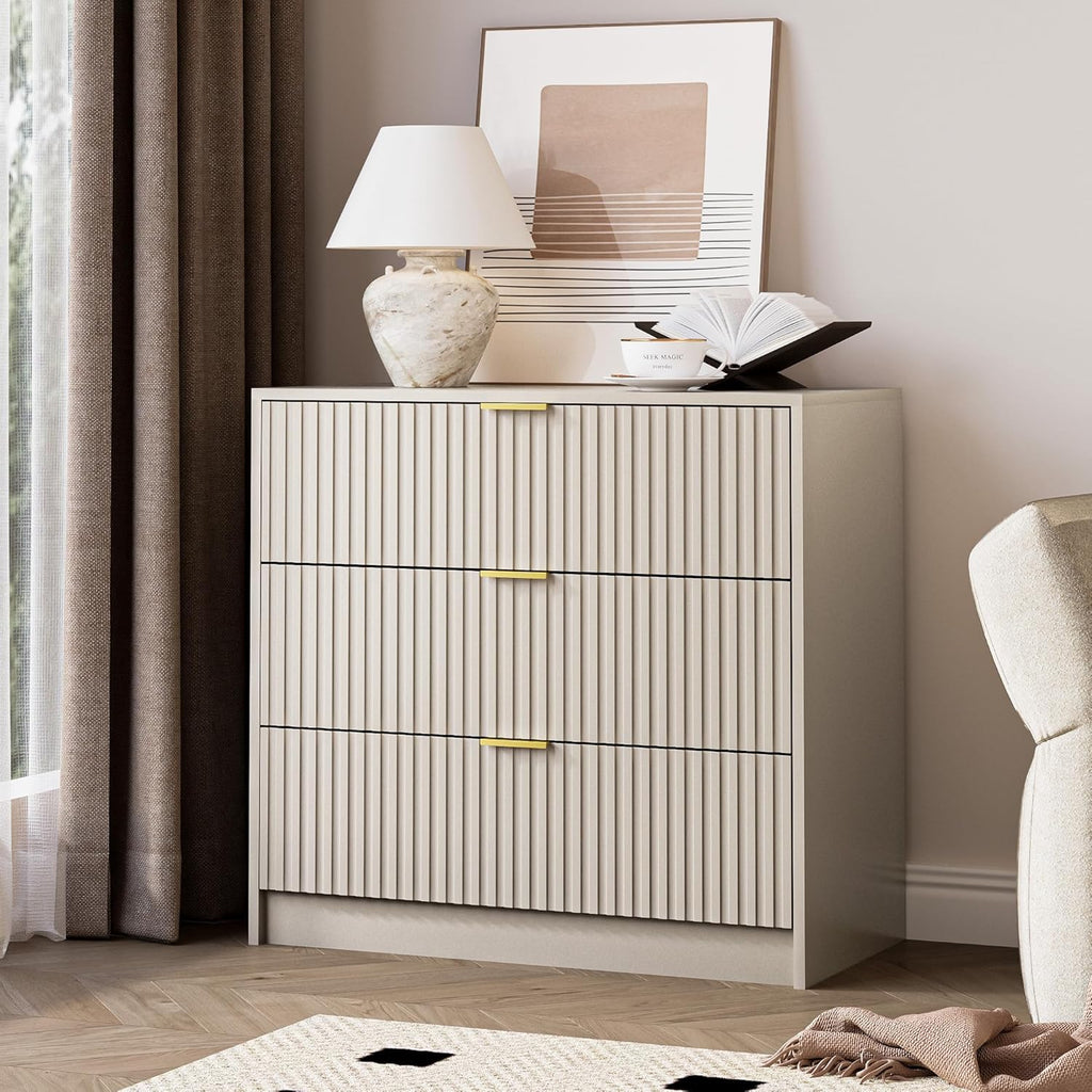 MAISONARIA Fluted Dresser for Bedroom, 32 Inch Wide Nightstand with Large Drawer, 3 Drawer End Table for Bedroom, Living Rooms, Offices, and Entryways, Beige