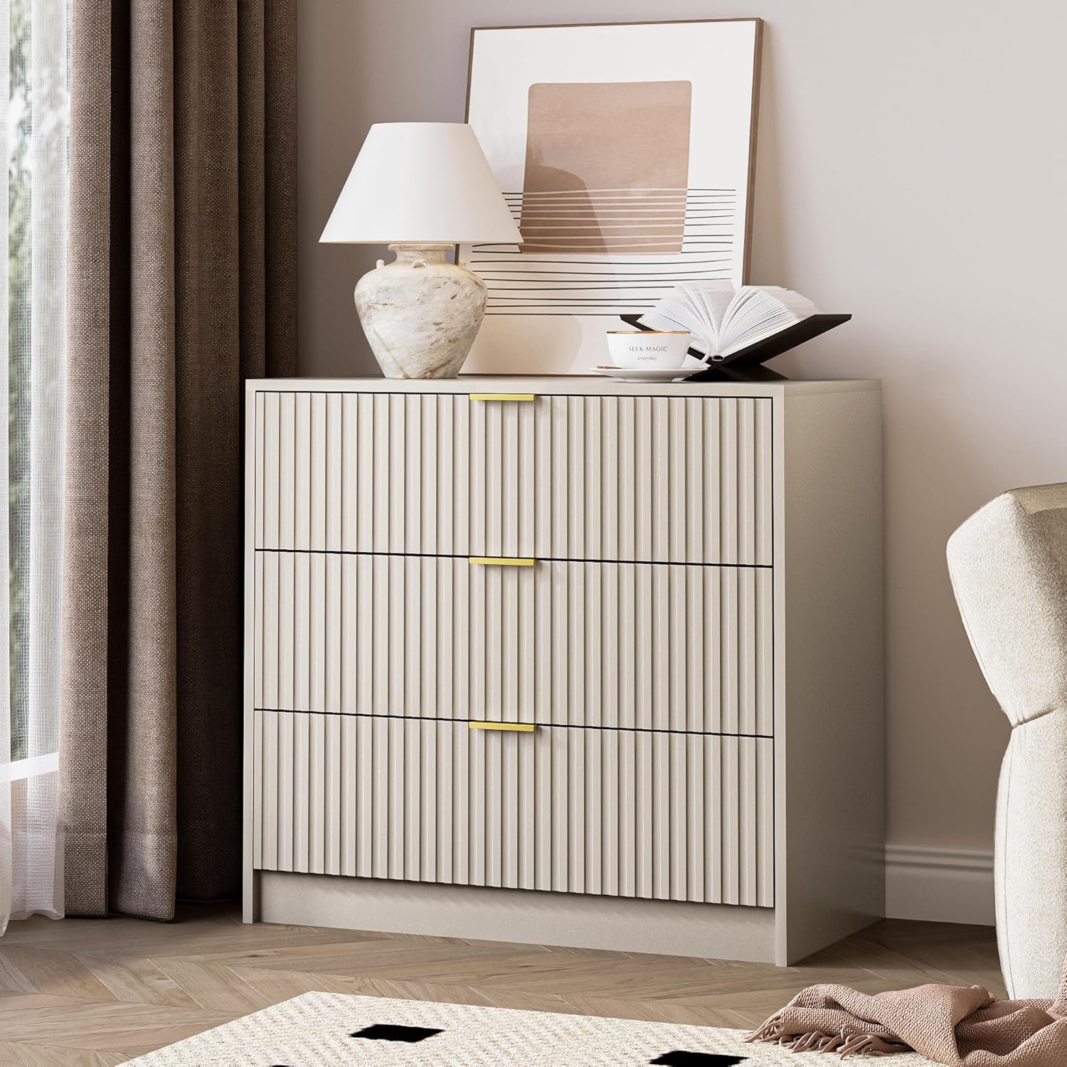 MAISONARIA Fluted Dresser for Bedroom, 32 Inch Wide Nightstand with Large Drawer, 3 Drawer End Table for Bedroom, Living Rooms, Offices, and Entryways, Beige
