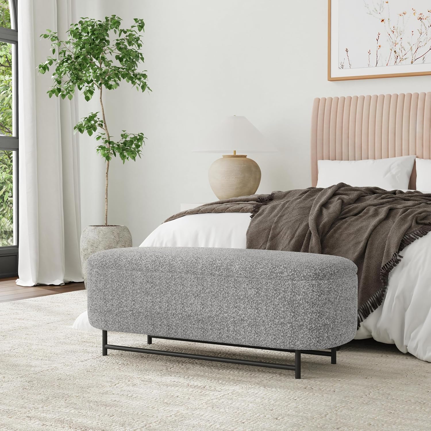 HomePop 46' Ellipse Storage Bench with Metal Legs - Cream Boucle with Gray Yarns