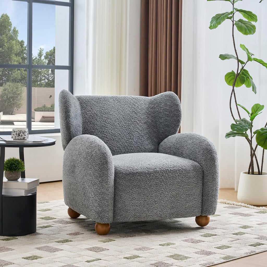 Christopher Knight Home Aiden Boucle Wingback Accent Chair, Fabric Upholstered Club Chair with Wooden Frame, Comfy Reading Chair for Living Room/Bedroom, Dusty Blue+Walnut