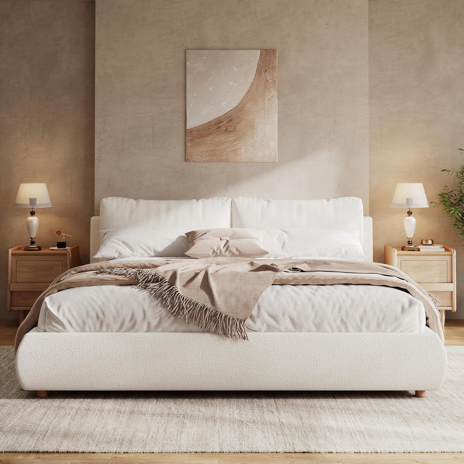 Christopher Knight Home Hazil Boucle California King Size Bed Frame with Headboard, Modern California King Bed Frame and Headboard, Wooden Slat Support, No Box Spring Needed, Easy Assembly, White