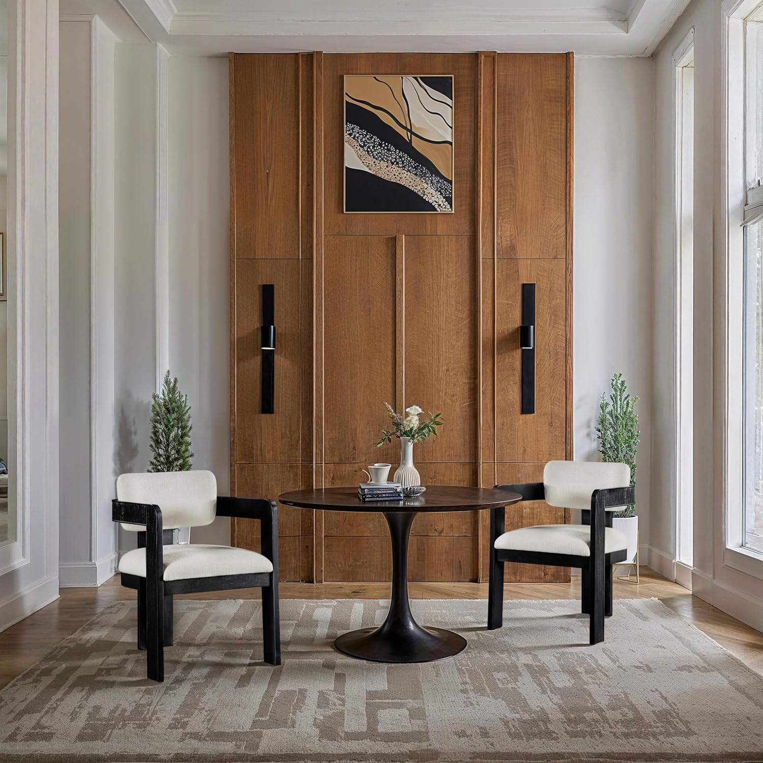 Meridian Furniture Sacha Collection Art Deco Dining Chair, Solid Fluted Wood, 22.5' W x 22' D x 31' H, Set of 2 (Cream, Black Finish, Linen Textured Fabric)