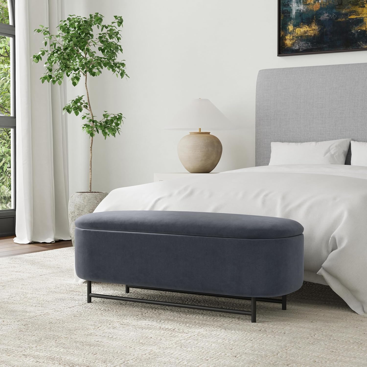 HomePop 46' Ellipse Storage Bench with Metal Legs - Steel Blue Velvet