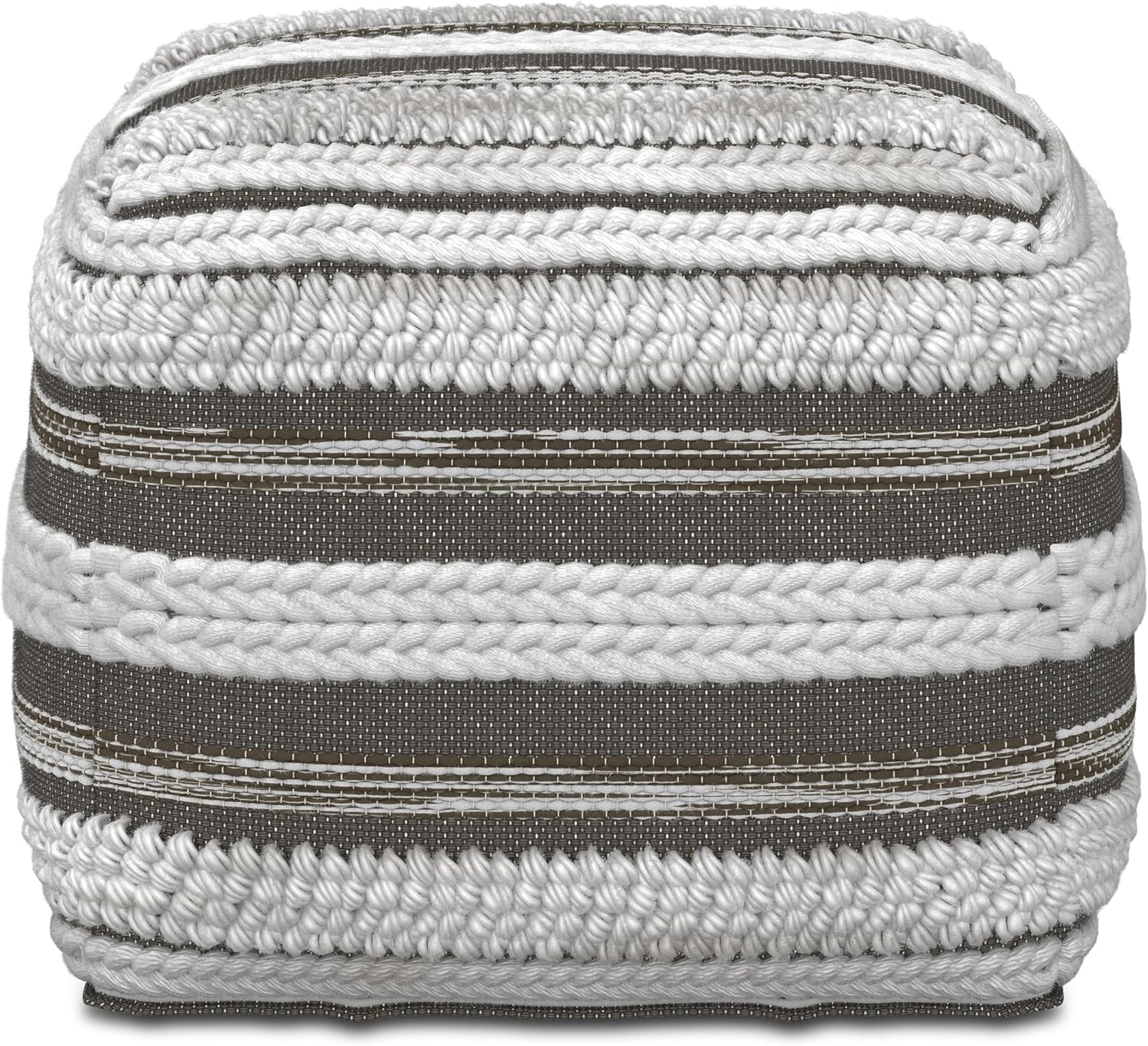 SIMPLIHOME Sommer Boho Square Pouf in Natural/Taupe Grey Handloom Woven Pattern for the Living Room, Bedroom and Kids Room