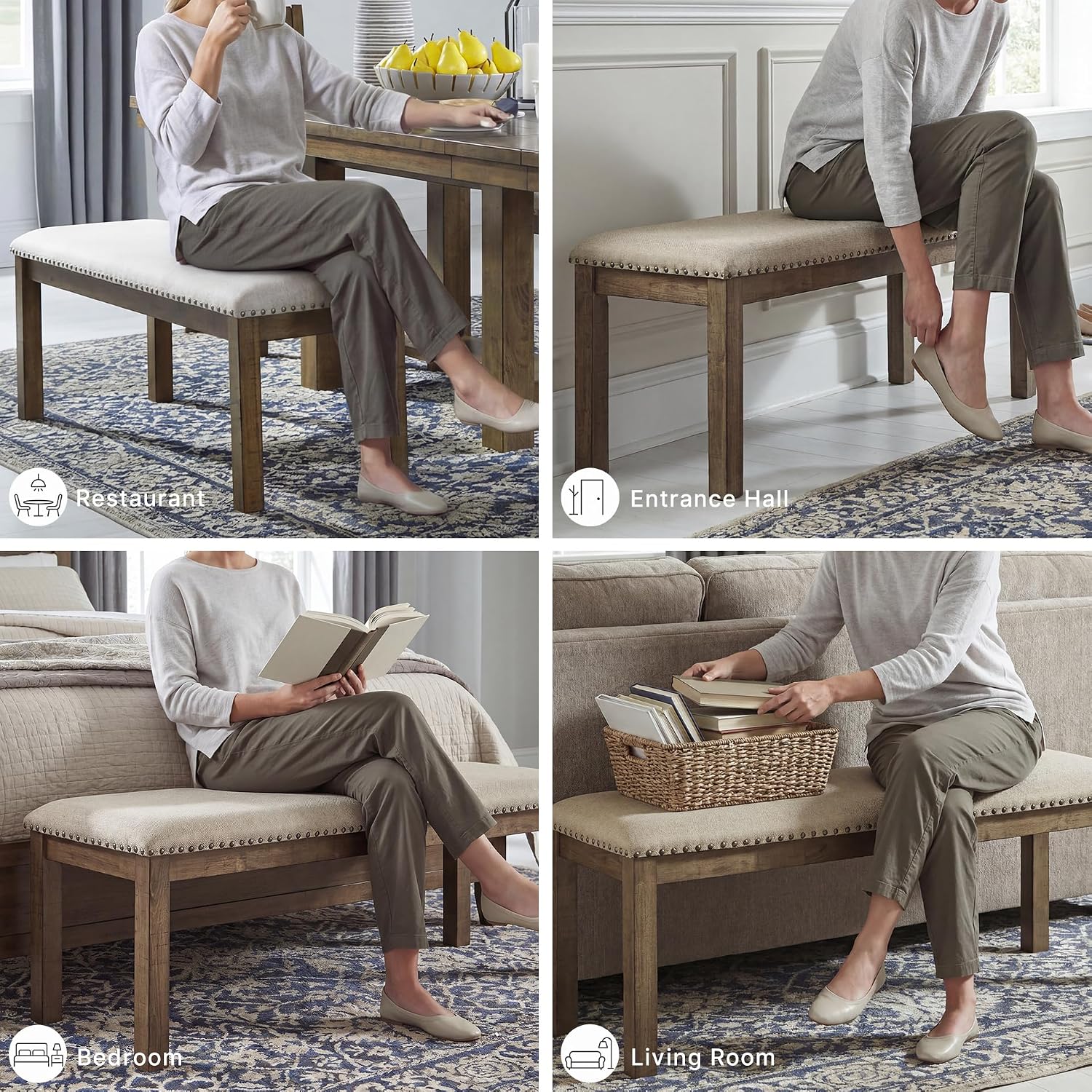 Signature Design by Ashley Moriville Casual Rustic Upholstered Dining Bench, Grey & Brown