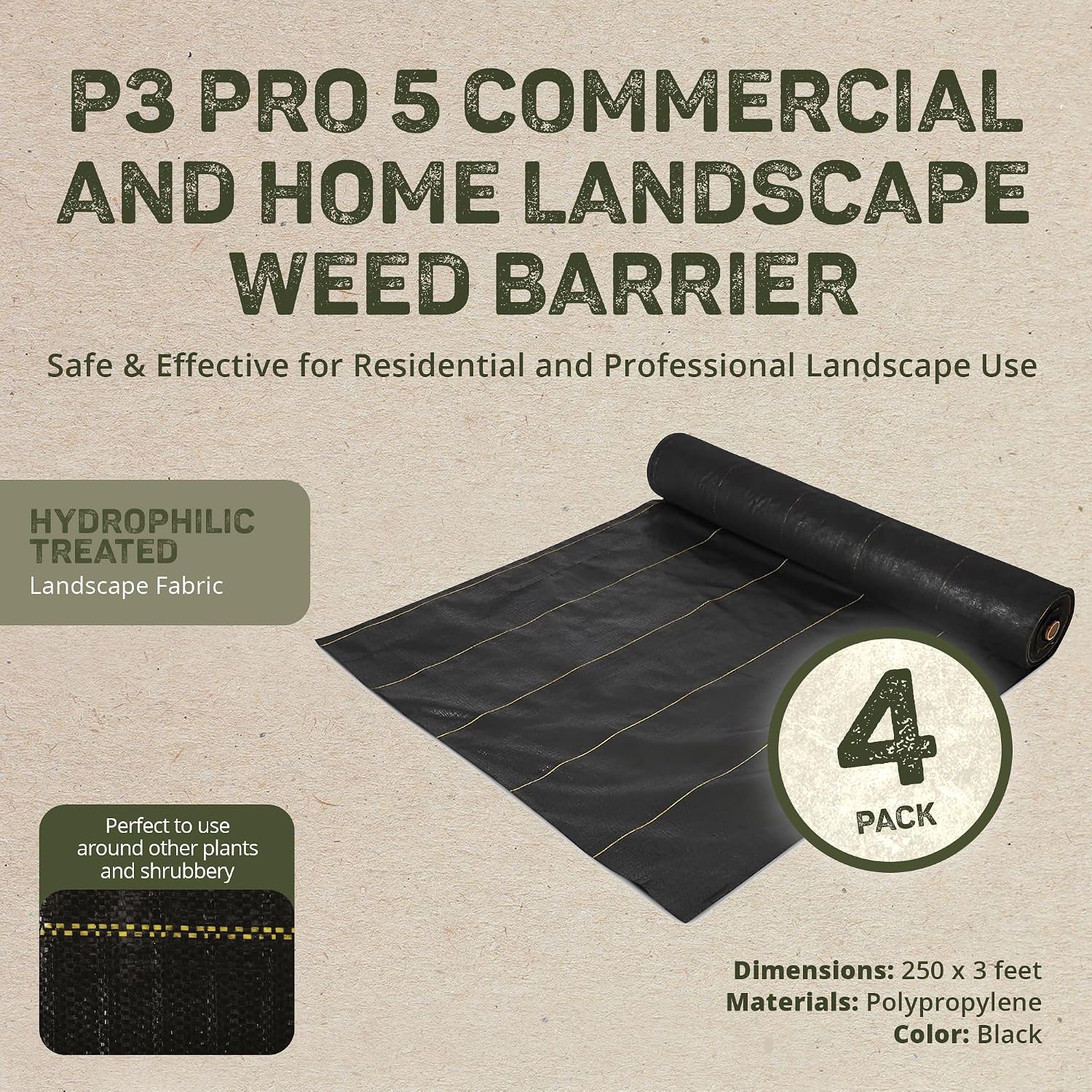 Dewitt 4-Pack Pro-5 Weed Barrier Fabric 5 oz, 3 x 250 Feet – Heavy-Duty Woven Landscape Ground Cover Mat for Raised Garden Bed, Greenhouse Gardening, Outdoor Landscaping, and Commercial Planting