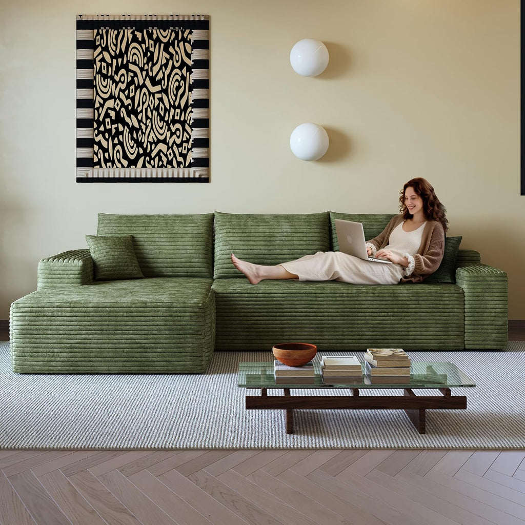 Eafurn Oversized L-Shaped Modular Sectional Sofa with Chaise, Fluffy Corduroy Upholstered Boneless Couch with Deep Seat, Minimalist Flexible Combination for Living Room