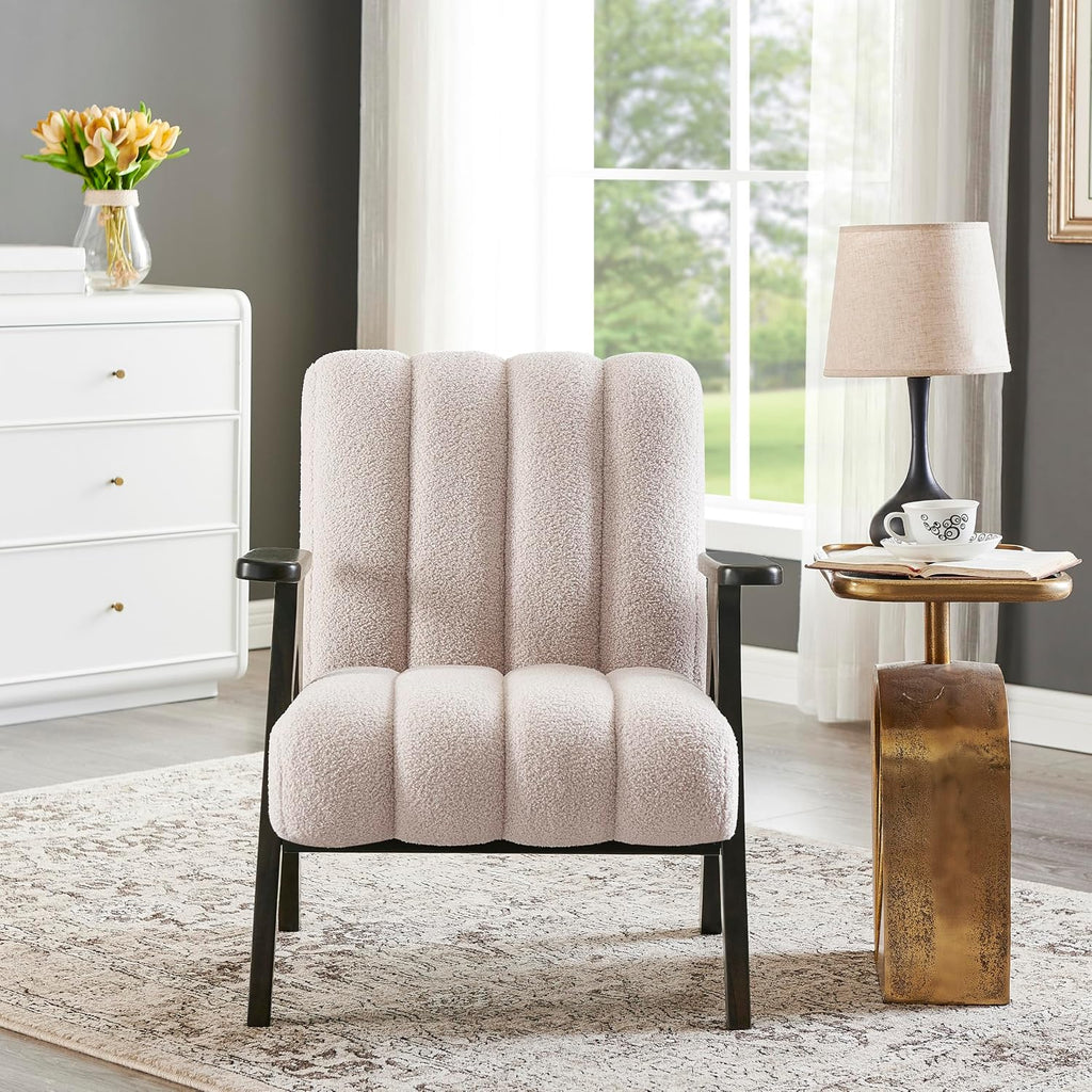 Roundhill Furniture Rella Modern Teddy Sherpa Accent Chair with Espresso Wood Frame, Beige