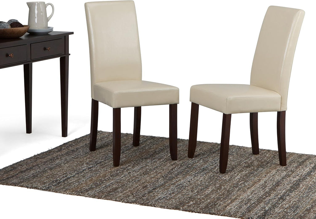 SIMPLIHOME Acadian Dining Chairs - Upholstered Solid Hardwood and Vegan Leather Parsons Chair Set in Satin Cream, Transitional Dining Room Seating with Padded Back and Seat (Set of 2)
