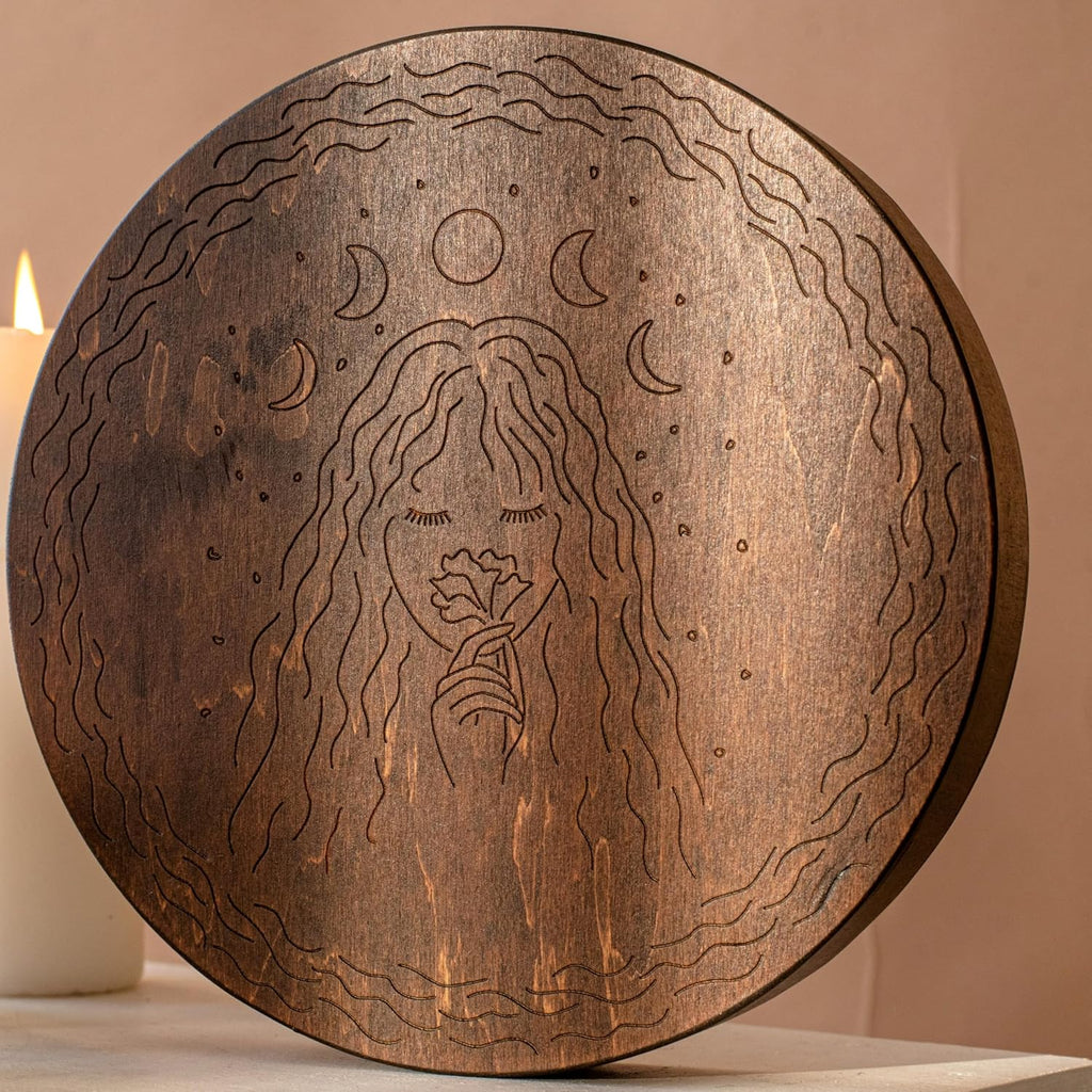 Rain-Fall Disc, 8.6 Inch (22 cm) Wooden Ocean Drum, Gentle Rain Sound for Sound Bath, Meditation & Sound Healing, Moon, Stars & Woman Design