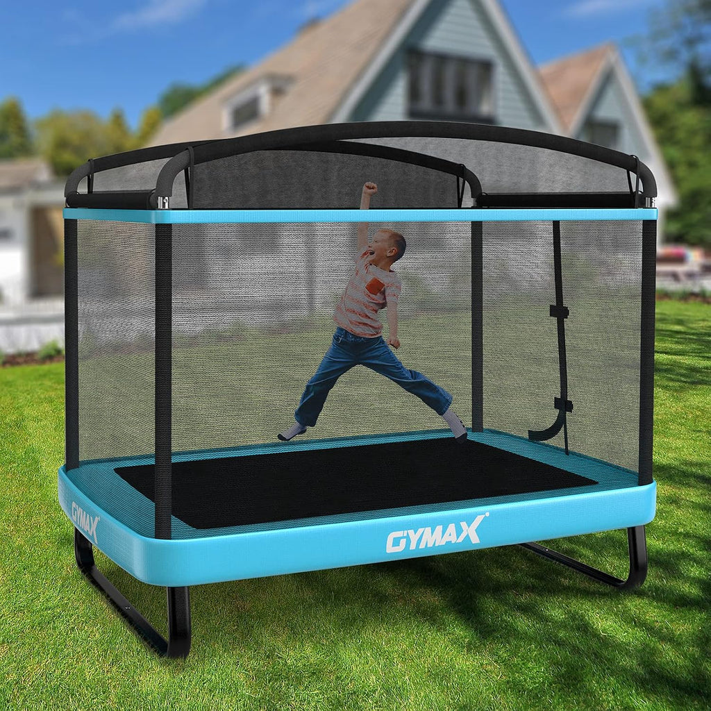 GYMAX Trampoline for Kids, 6FT Toddler Trampoline with Swing & Enclosure Safety Net, ASTM Approved Rectangle Recreational Trampoline for Indoor/Outdoor, Birthday for Baby Boys & Girls