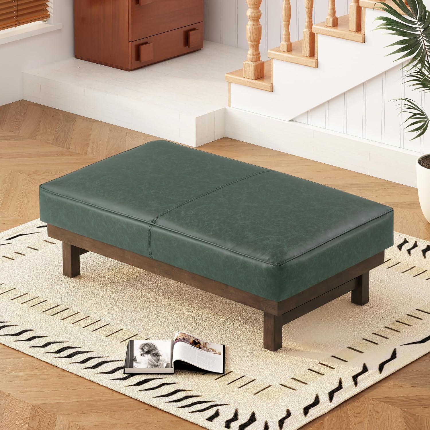 Christopher Knight Home Hillman PU Ottoman with Wood Frame,Rectangular Upholstered Footrest Bench,Non Storage Faux Leather Ottoman Bench for Living Room Bedroom Entryway Home Decor,Green