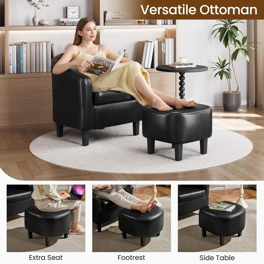 Yaheetech Barrel Chair with Ottoman Set, Faux Leather Accent Chair with Soft Padded and Sturdy Legs for Living Room/Bedroom/Study/Waiting Room, Black