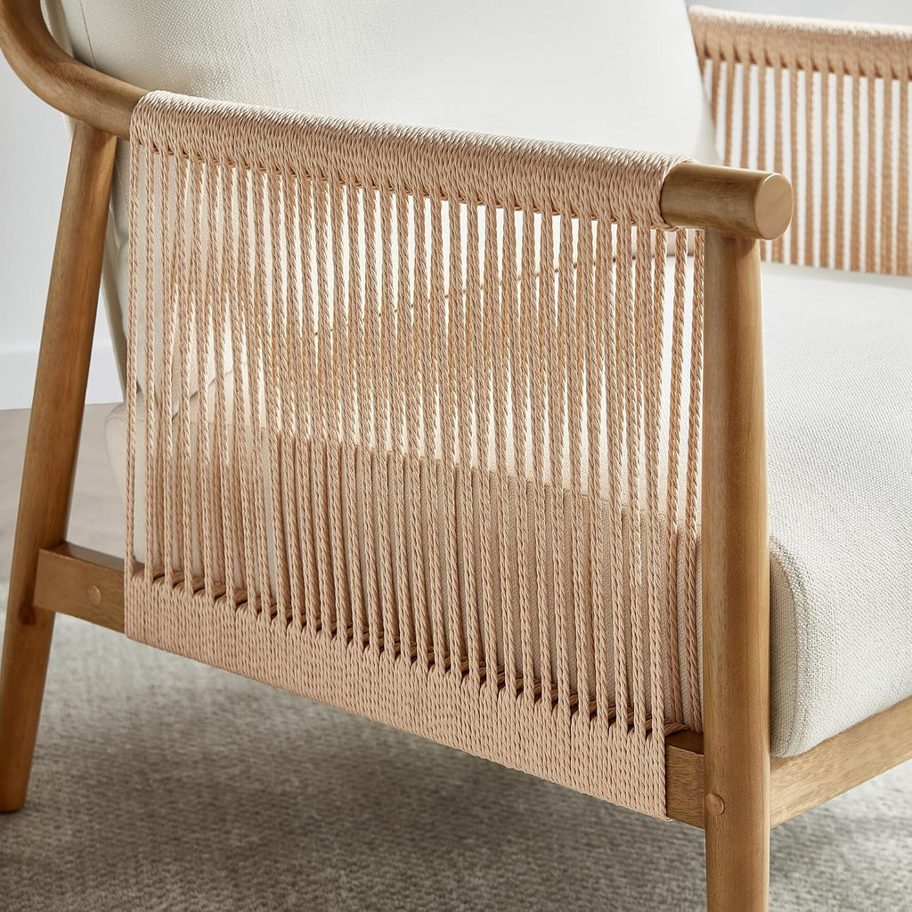 CHITA Braid Accent Chair, Modern Armchair with Solid Wooden Armrest for Living Room and Bedroom, Boho Reading Chair, Cream