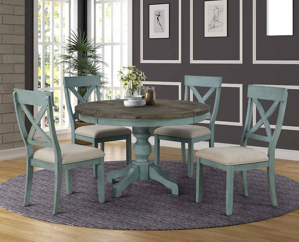 Roundhill Furniture Prato 5-Piece Round Dining Table Set with Cross Back Chairs, Antique Blue and Weathered Walnut