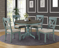 Roundhill Furniture Prato 5-Piece Round Dining Table Set with Cross Back Chairs, Antique Blue and Weathered Walnut