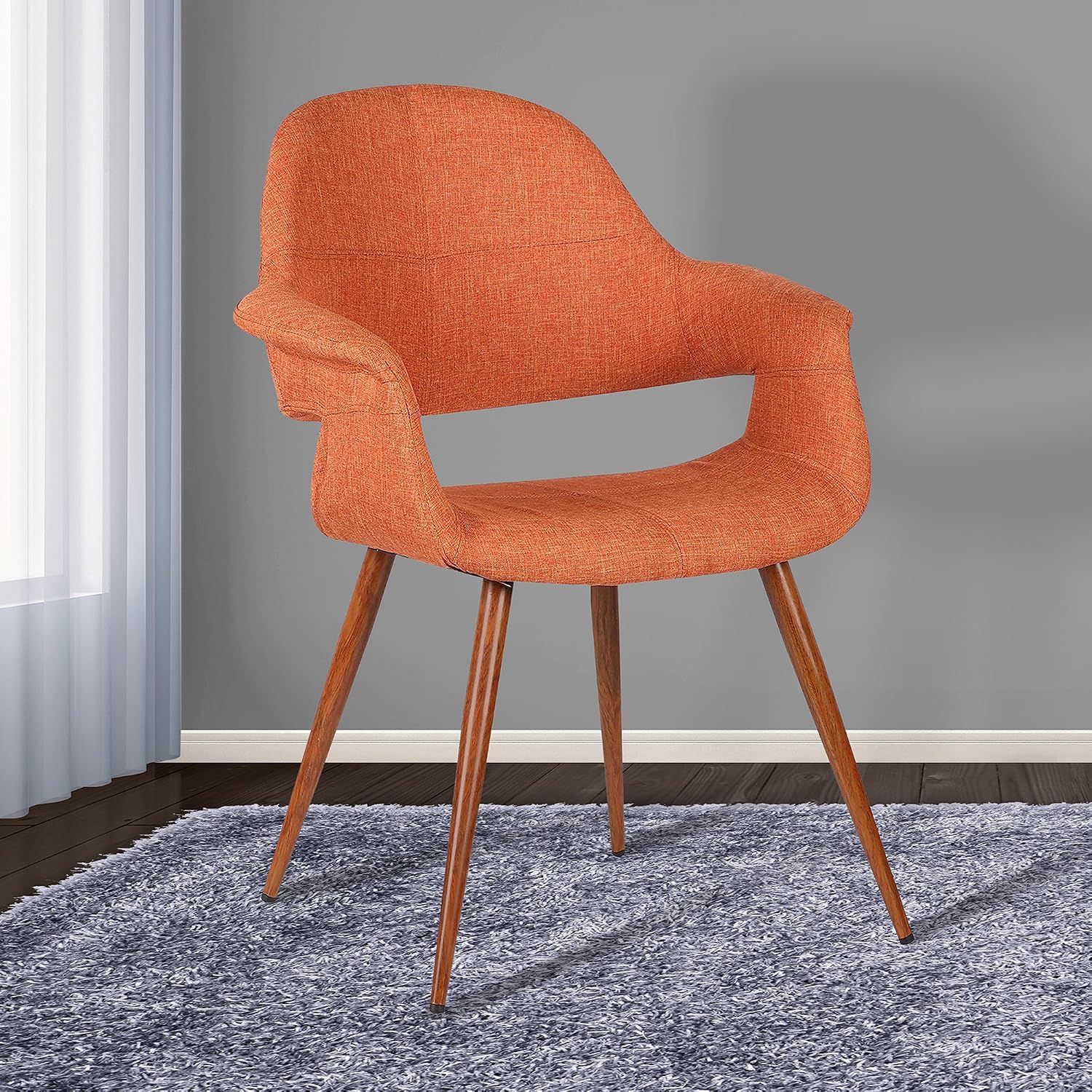 Armen Living Phoebe Mid Century Modern Accent Chair for Dining Table Kitchen Desk Vanity in Orange Fabric and Walnut Wood Finish